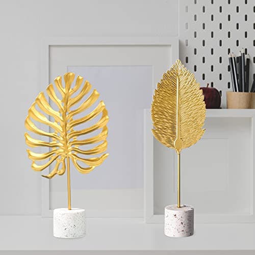 Gold Leaf Statues, Modern Metal Iron Art Crafts Sculpture Golden Leaves Sculpture with Base, Desktop Ornaments Home Office Figurine for Table Decor