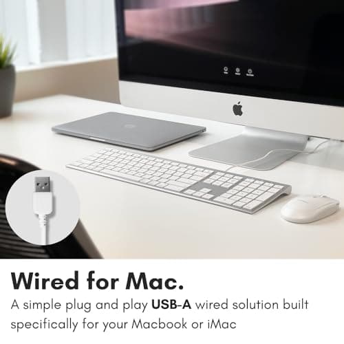 Macally Ultra Slim USB Wired Computer Keyboard - Compatible Apple Keyboard or Windows - Full Size with 20 Mac Keyboard Keys -with Numeric Keypad - Silver Aluminum Finish