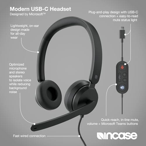 Incase Modern USB-C Headset - Designed by Microsoft - Wired USB-C Connection, On-Ear Stereo Headphones, Noise Cancelling Mic & Volume Controls, Teams Certified, Optimized Mic & Speakers - Mac/Windows