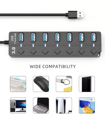 USB 3.0 Hub, PANPEO 7-Port USB Data Hub Splitter with 3ft Long Cable USB Extension for Laptop,PC Computer,Surface Pro, PS4/5, Flash Drive, Mobile HDD - with LED Individual On/Off