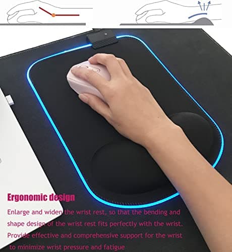 RGB LED Mouse pad with Ergonomic Wrist Rest Support, Non-Slip Kawaii Mouse Pads, 11.8” x 8.5” Gaming Wrist Pads, Pain Relief, and Easy Typing, Gaming, Notebook Computer Work and Game (Black)