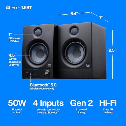 PreSonus Eris 4.5BT Bluetooth Studio Monitors, Pair — 4.5" Inch Powered Bookshelf Speakers, Stereo, Desktop Computer, Near Field Music Production, Audio Mixing Recording