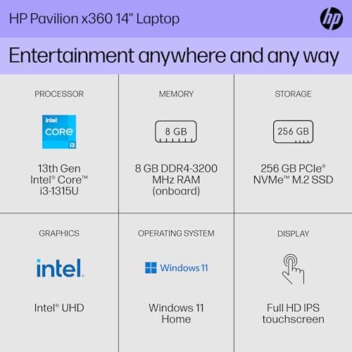HP Pavilion x360 14 inch Laptop, FHD Touchscreen, 13th Generation Intel Core i3-1315U, 8 GB RAM, 256 GB SSD, Intel UHD Graphics, Windows 11 Home, 14-ek1099nr (2024)