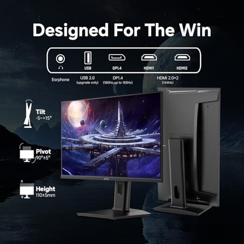 24 inch Gaming Monitor QHD 180Hz, Fast IPS 1440p Computer Monitor, Up to 185Hz, 1ms, G-Sync/FreeSync, HDR400, Height Adjustable, 2 x HDMI, 1 x DP H24T7