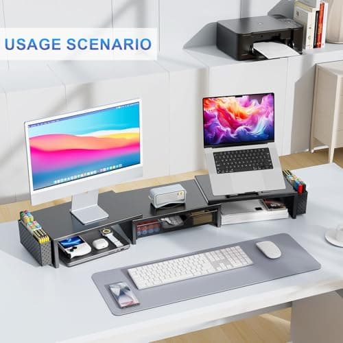 gianotter Dual Monitor Stand Riser, Desk Organizer With Drawer and 2 Pen Holders, Computer Monitor Stand, Desk Shelf for Top of Desk, Balck
