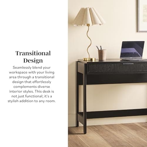 Walker Edison Transitional Office Design, Reeded Drawer Front Detail, Writing Desk with Drawer, Spacious Desktop, Complementary in Living Spaces, 38”W x 16.75”D x 30”H, Black