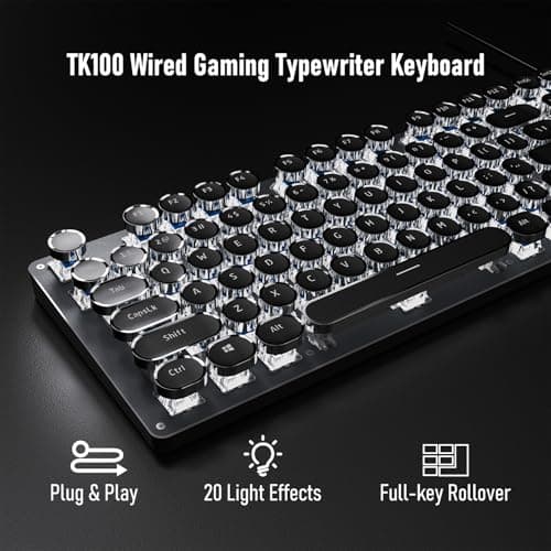 EWEADN TK100 Typewriter Keyboard Wired Mechanical Keyboard, 104 Keys Aesthetic Typewriter Keyboards with White Backlit, Anti-Ghosting, Blue Switch Wired Cute Keyboards-Black