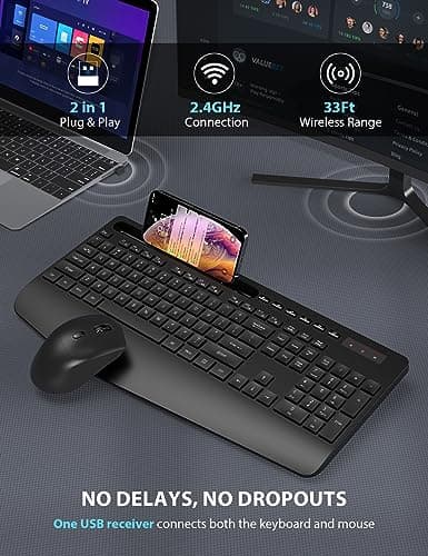 Wireless Keyboard and Mouse Combo - Full-Sized Ergonomic Keyboard with Wrist Rest, Phone Holder, Sleep Mode, Silent 2.4GHz Cordless Keyboard Mouse Combo for Computer, Laptop, PC, Mac, Windows -Trueque