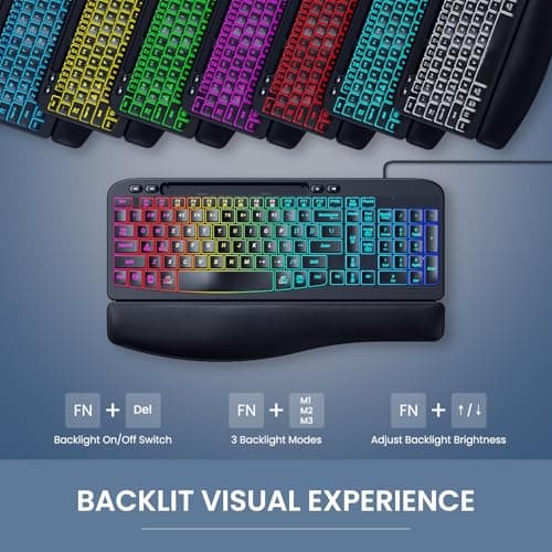 Ergonomic Backlit Keyboard with Wrist Rest, 7 Colors USB Wired Computer Keyboard, Wave Keys, with Phone/Tablet Holder, Comfortable Lighted Keyboard for PC, Windows and Mac