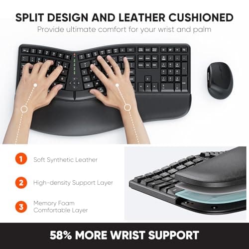 MEETION Ergonomic Wireless Keyboard and Mouse, Ergo Keyboard with Vertical Mouse, Split Cushioned Wrist Palm Rest, Natural Typing, Rechargeable, Full Size, Windows/Mac/Computer/Laptop, Black DirectorC