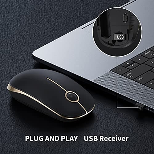 VssoPlor Wireless Mouse, 2.4G Slim Portable Computer Mice with Nano Receiver for Notebook, PC, Laptop, Computer (Black and Gold)