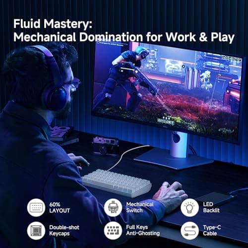 TMKB 60% Mechanical Gaming Keyboard, Red Linear Switch, LED Backlight, Anti-Ghosting, Detachable USB-C, Double-Shot Keycaps, 61 Keys, Wired, White