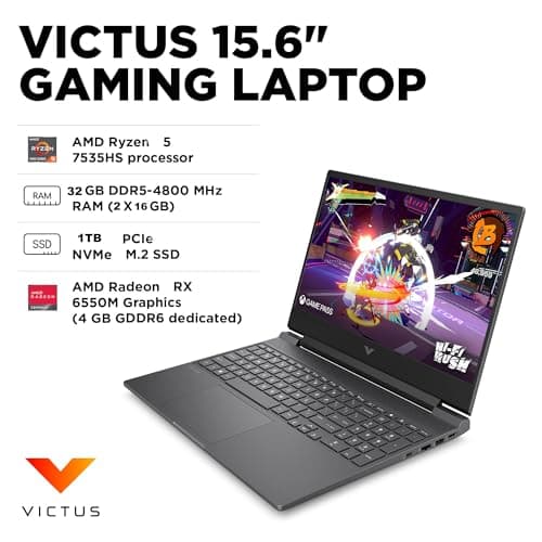 HP Victus 15 Gaming Laptop (15.6" FHD 144Hz IPS, AMD Ryzen 5 7535HS, 32GB DDR5 RAM, 1TB PCle SSD, (Radeon RX 6550M 4GB Beat RTX3050)) Backlit KB, Wi-Fi 6, Webcam, Ethernet, Win 11 Home