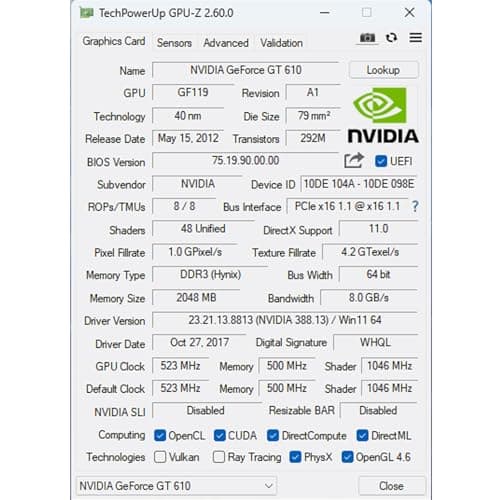 GeForce GT 610 2G DDR3 Low Profile Graphics Card, PCI Express 1.1 x16, HDMI/VGA/DVI, Entry Level GPU for PC, SFF and HTPC, Compatible with Win11