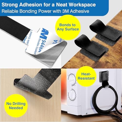 Cable Management Kit with 40 Self-Adhesive Hook and Loop Ties & 2 Extension Straps – 3M Sticky Cord Organizer for Under Desk, Home Office, Wall – Reusable Adjustable Nylon Wire Holders (Black)
