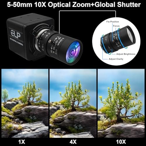 ELP Global Shutter USB Webcam - 1080P 90fps, Manual Zoom, Variable Focus, AR0234 Close-up Camera for Laptop
