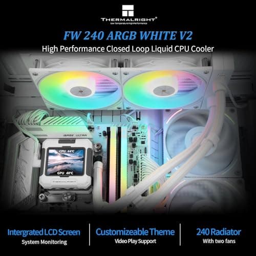 FW240 White ARGB V2 CPU Water Cooler with 2 PWM Fans with 2000RPM,IPS LCD Screen with 320 * 240 Resolution,Liquid CPU Cooler,CPU PC Aio Cooler for AMD:AM4/AM5/Intel LGA1700
