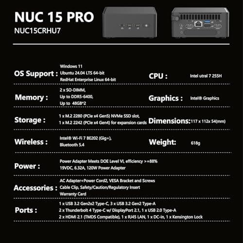 NUC 15 Pro Ultra 7 255H Mini PC, 16 cores, max 5.1 GHz, DDR5 6400, WiFi 7 & Thunderbolt 4, PCIe 4.0×4, Industrial Compact Desktop