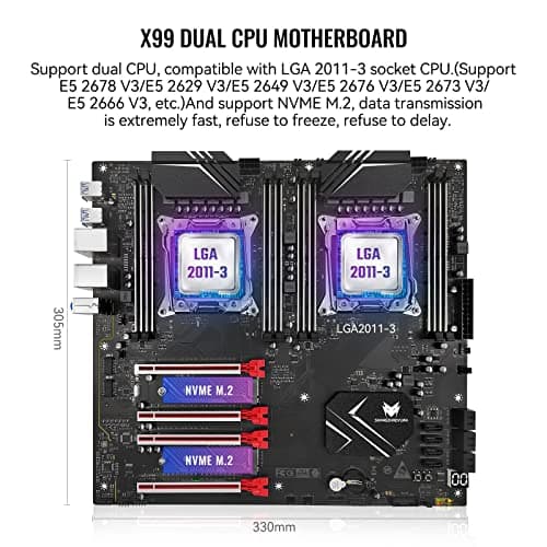 X99 Dual CPU Motherboard LGA 2011-3 Server Motherboard for Intel i7 5th/6th Gen Xeon E5 V3/V4 Series (E-ATX, 8*DDR4 ECC Max 256G, 2*NVME M.2, 2*Gb LAN, SATA 3.0, PCIe 3.0)