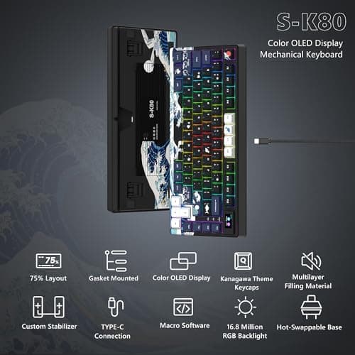 Womier S-K80 75% Keyboard with Color Multimedia Display Mechanical Gaming Keyboard, Wired Hot Swappable Gasket Mount RGB Custom Key Board, Pre-lubed Stabilizer for Mac/Win, Black Kanagawa