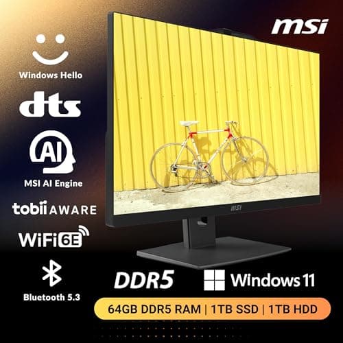 MSI Modern All-in-One, 23.8" FHD Touchscreen, Intel Core 7 150U(>i7-1335U, 5.40 GHz), Prebuilt PC, 1080p IR Webcam, WiFi 6E, Keyboard&Mouse, Windows 11 Home, Black(64GB DDR5 RAM | 1TB SSD | 1TB HDD)