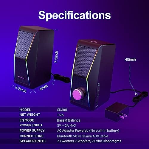 Computer Speakers, Bluetooth 5.0 Hi-Fi Stereo PC Speakers, 4 Dynamic Lighting Modes, AC Adapter Powered and 3.5mm AUX-in Computer Speakers for Desktop PC, Monitor, Laptop, Tablet, Phone