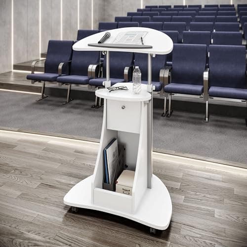 Techni Mobili Adjustable Height Rolling Laptop Cart with Storage, Sit to Stand Desk with Wheels, Podium Stand or Medical Cart, White