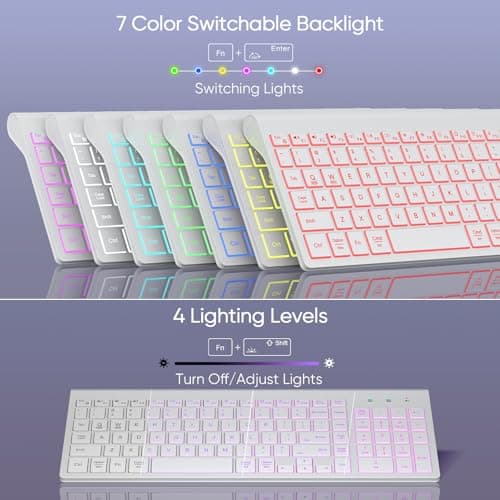 SABLUTE Wireless Keyboard with 7 Colored Backlits, Rechargeable Silent Compact Cordless Computer Keyboard with Low Profile Quiet Light Up Keys for Windows, PC, Linux, Chrome, Mac (White)
