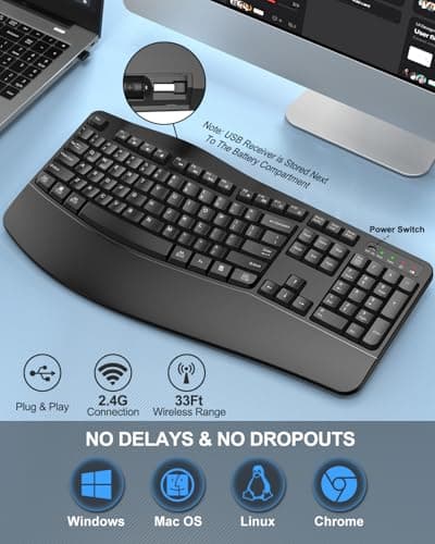 EDJO Ergonomic Wireless Keyboard with Wrist Rest, Wave Keys, for Large Hands, 2.4GHz Full Size Ergo Cordless USB Computer Keyboard, Comfortable Natural Typing, for Laptop, Mac, Windows (Black)