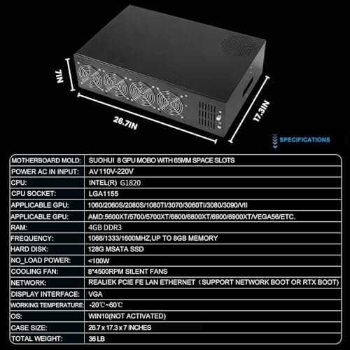 GPU Mining Rig Complete Mining Server Case for Ethereum/ETH Crypto Mining Prebuilt 8 GPU Mining Motherboard, 1800W PSU, 8 Cooling Fans, 4GB RAM,(without GPUs) -Black