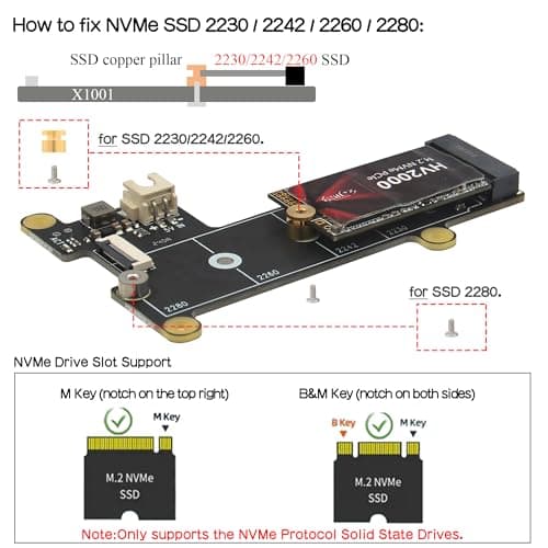 Geekworm X1001 PCIe to M.2 HAT Key-M NVMe SSD PIP PCIe Peripheral Board for Raspberry Pi 5 Support M.2 2230/2242/2260/2280 SSD