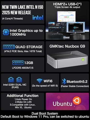 GMKtec Mini PC NAS Intel N150 Dual Boot System 12GB DDR5 64GB EMMC +512GB SSD Desktop Computer 4*M.2 NVMe Slots/Dual NIC 2.5GbE/ USB-C USB 3.2 10Gbps/ Network Attached Storage G9