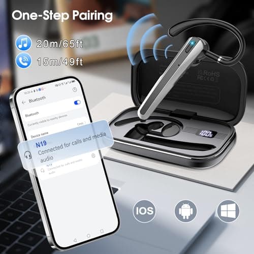 Bluetooth Headset V5.3, Wireless Headset with ENC Noise Canceling Mic, 120Hrs Talk Single-Ear Bluetooth Earpiece, LED Display, IP7 Waterproof Hand-Free Earphone for Business/Trucker/Driver