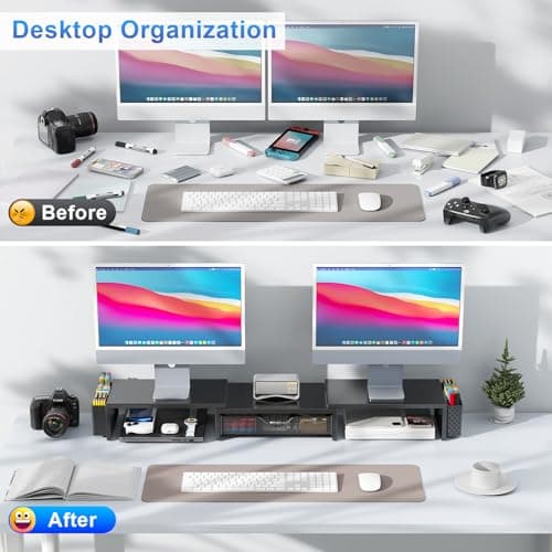gianotter Dual Monitor Stand Riser, Desk Organizer With Drawer and 2 Pen Holders, Computer Monitor Stand, Desk Shelf for Top of Desk, Balck