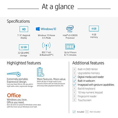 HP Stream 11-Inch Laptop, Intel X5-E8000 Processor, 4 GB RAM, 32 GB eMMC, Windows 10 Home in S Mode with Office 365 Personal and 1 TB Onedrive Storage for One Year (11-ak1020nr, Diamond White)