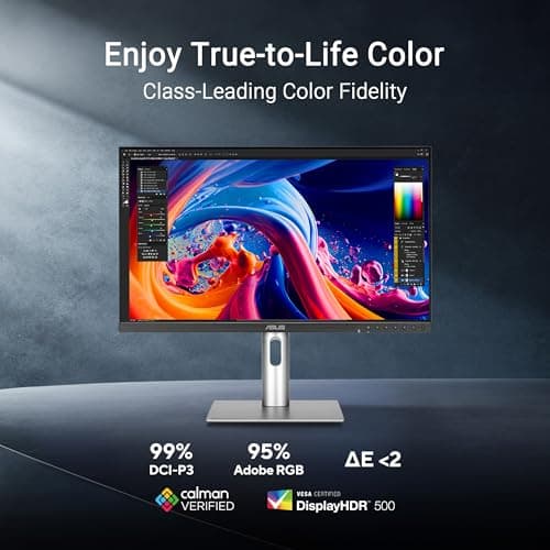 ASUS ProArt Display 27” 5K HDR Professional Monitor (PA27JCV) - 5K (5120 x 2880), IPS, 99% DCI-P3, 100% sRGB, ΔE < 2, USB-C PD 96W, Calman Verified, Color Accurate, Auto KVM, LuxPixel, 3 yr Warranty