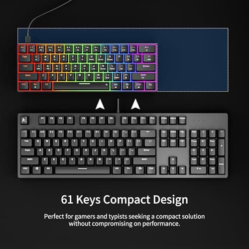 Newmen GM611 Mechanical Keyboard,Rainbow LED Backlit Gaming Wired Keyboards Compact Mini 61 Keys Portable 60 Percent Mechanical Keyboard with Black Keycaps,for Windows Laptop PC Linear Red Switches