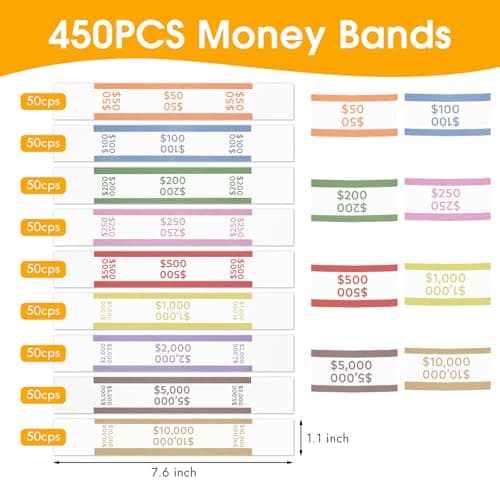 450 PCS Money Bands for Cash, Currency Straps, Self-Adhesive Money Wrappers for Bills, Money Straps for Bills to Organize Cash (50 of Each)