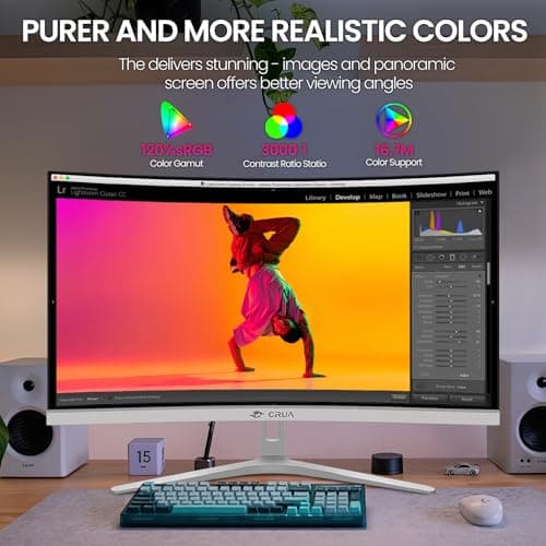 CRUA 27" Curved White Monitor, Full HD(1920x1080P) VA Panel 1800R 100HZ 120% sRGB Professional Computer Monitors, 3Sides Frameless, Flicker-Less,Blue Light Filter, for Office & Gaming.(VGA, HDMI)