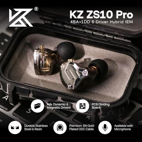Linsoul KZ ZS10 Pro, 4BA+1DD 5 Driver in Ear Monitor, HiFi Wired Earbuds, Gaming Earbuds, Hybrid IEM Earphones with Stainless Steel Faceplate, Detachable Cable for Musician(Without Mic, Black)