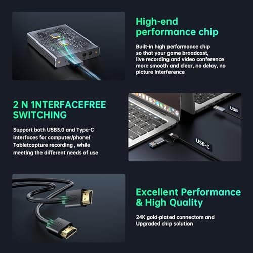 Video Capture Card, Audio Video Capture Card, USB 3.0 Capture Card 4K HDMI Loop-Out, 1080P 60FPS/2K 30FPS Videogame Capture for Streaming, Works forPS5/Switch/Camera/PC