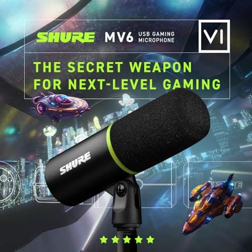 Shure MV6 Gaming Microphone, Dynamic USB PC Mic for Video Games & Streaming - Desktop Stand, Background Noise Cancellation, Tap-to-Mute & 3.5mm Output for Real-Time Headphone Monitoring