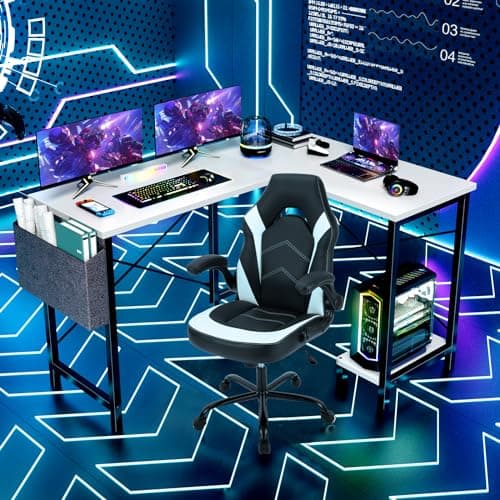 Sweetcrispy L Shaped Computer Desk - Gaming Corner 50 Inch PC White Writing Study Student Table with Wooden Desktop CPU Stand Side Bag Reversible for Home Office Room Small Space, Black