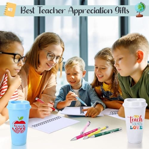 72 Pcs Back to School Teacher Appreciation Gifts Bulk 16oz Plastic Coffee Cups with Lid Notebooks and Ballpoint Pens for Christmas Teacher Thank You Gift(Classic 2)