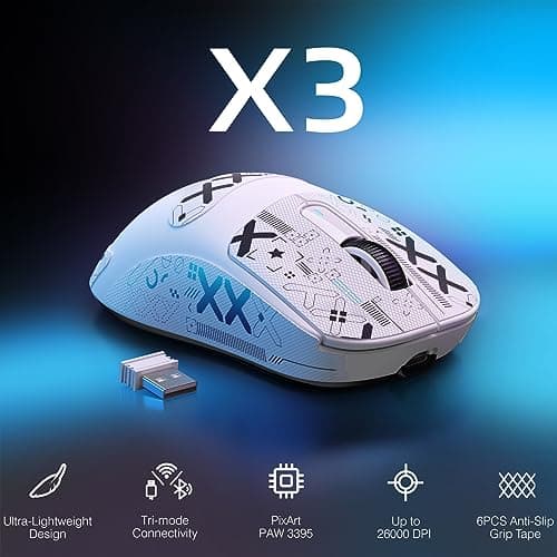 ATTACK SHARK X3 Lightweight Wireless Gaming Mouse, 49g Tri-Mode Bluetooth/2.4G/USB-C Wired Mouse, PAW3395 26K DPI Sensor, 200h Battery Life, Programmable Buttons, Griptape for PC/Laptop/Mac