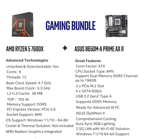 Micro Center AMD Ryzen 5 9600X CPU Processor Bundle with ASUS Prime B650M-A AX II Micro ATX Motherboard (DDR5, PCIe 5.0, Wi-Fi 6, USB 3.2 Gen 2)