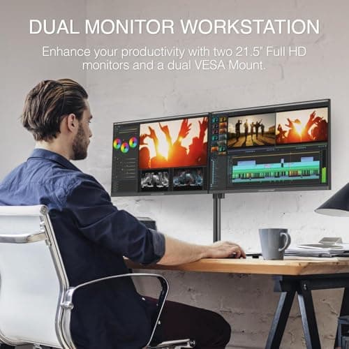 Packard Bell airFrame Dual Monitor Workstation – Two 21.5" Full HD Screens, VESA Mount, 1920x1080, 75Hz, Tilt Adjustable, HDMI/VGA, Slim Bezel – Ideal for Home, Office, Productivity & Light Gaming