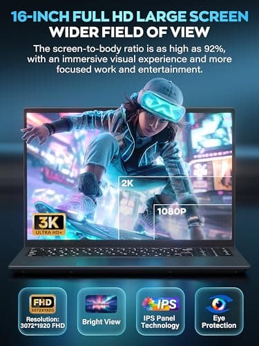 【MS Office 2024/Win 11 Pro】 2025 Laptops 16" 3K 3072x1920 IPS Laptop Computer with in tel N150(UP to 3.6 GHz),16G RAM, Backlit KB/Fingerprint/Webcam/Wi-Fi 5/BT, HDMI/USB-C/RJ45 (512G NVME SSD)