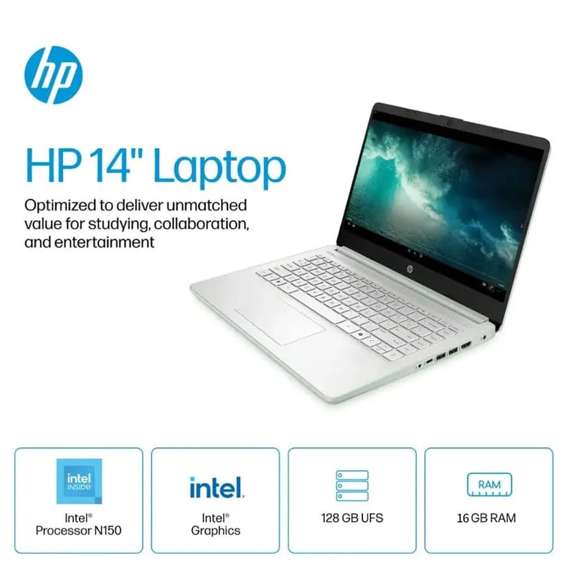 HP 2025 14 Inch Laptop Computer, Office Lifetime License, Intel Processor N150, 16 GB RAM, 384 GB Storage(128GB UFS+256GB MSD), Copilot AI, Wi-Fi 6, Webcam, Lightweight, Windows 11 Pro, w/Accessories