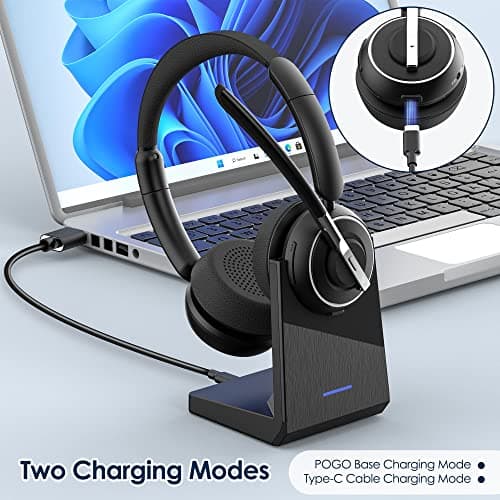 Wireless Headset, Bluetooth Headset with AI Noise Cancelling Mic, Bluetooth V5.2 Headphones with USB Dongle, Charging Base & Mic Mute for PC/Cell Phones/Call Center (Binaural, Black)